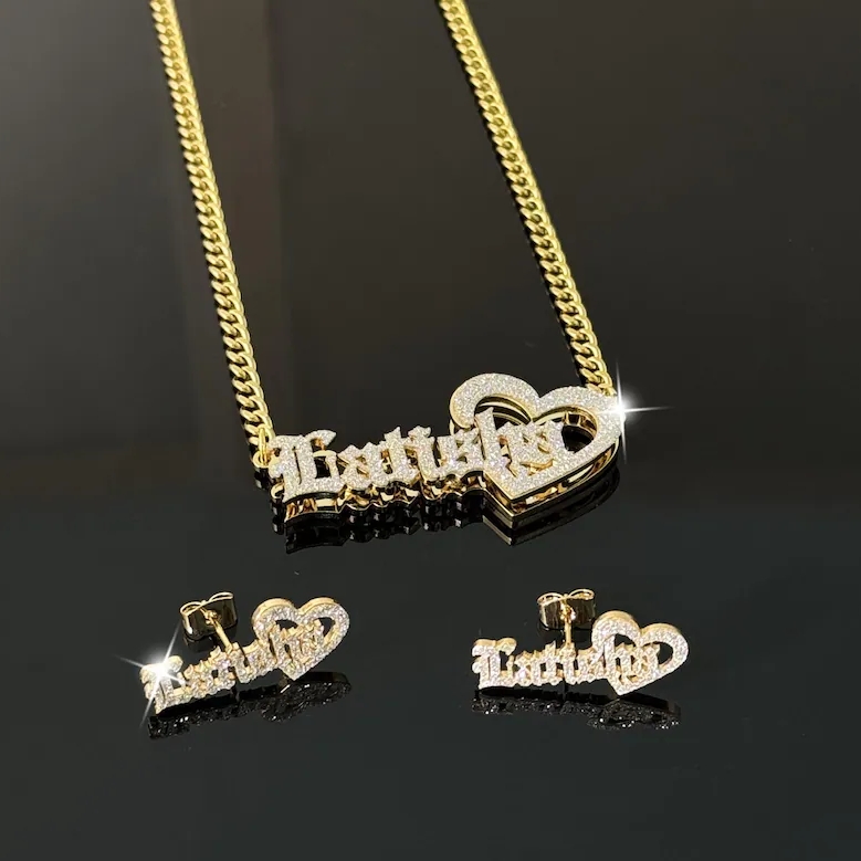 Old English Personalized Heart Name Necklace and Stud Name Earrings Jewelry Set