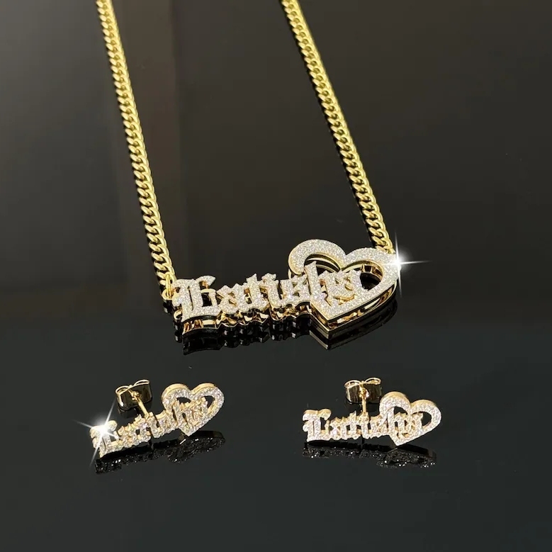 Old English Personalized Heart Name Necklace and Stud Name Earrings Jewelry Set
