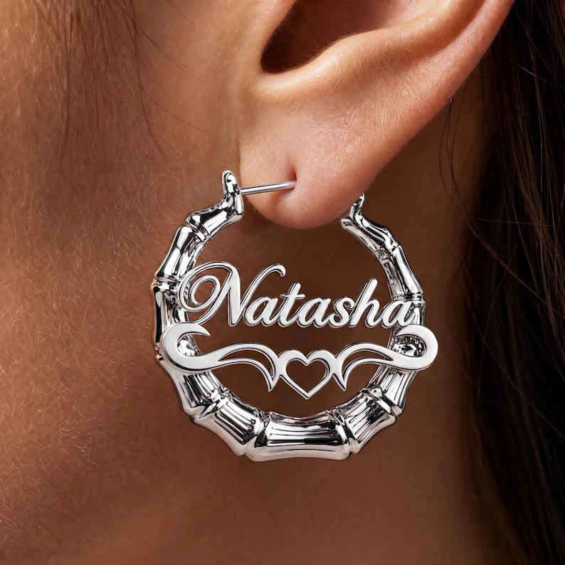 Bamboo Earrings Personalized Custom Gold Plated Name Earrings with Heart