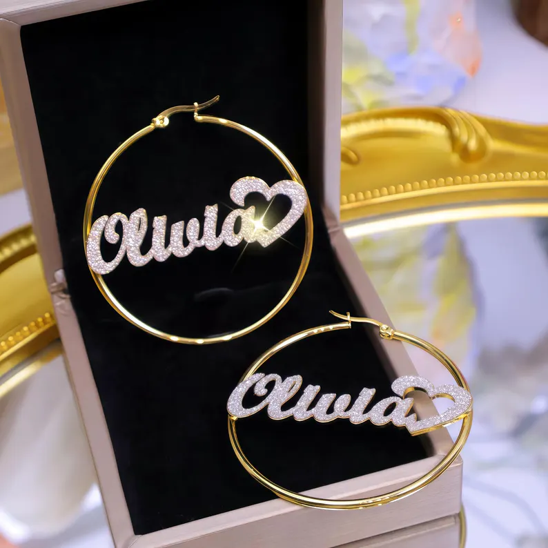 Shiny Name Hoop Earrings Personalized Gold Plated Name Earrings with Heart