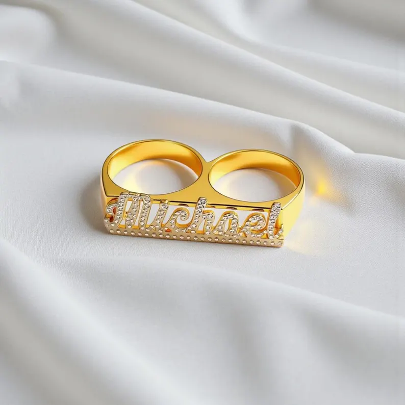 Bling Two Fingers Name Ring Personalized Gold Plated Name Ring
