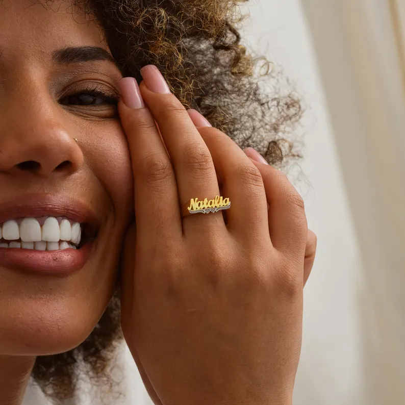Gold Plated Double Hearts Name Ring Personalized Custom Name Ring