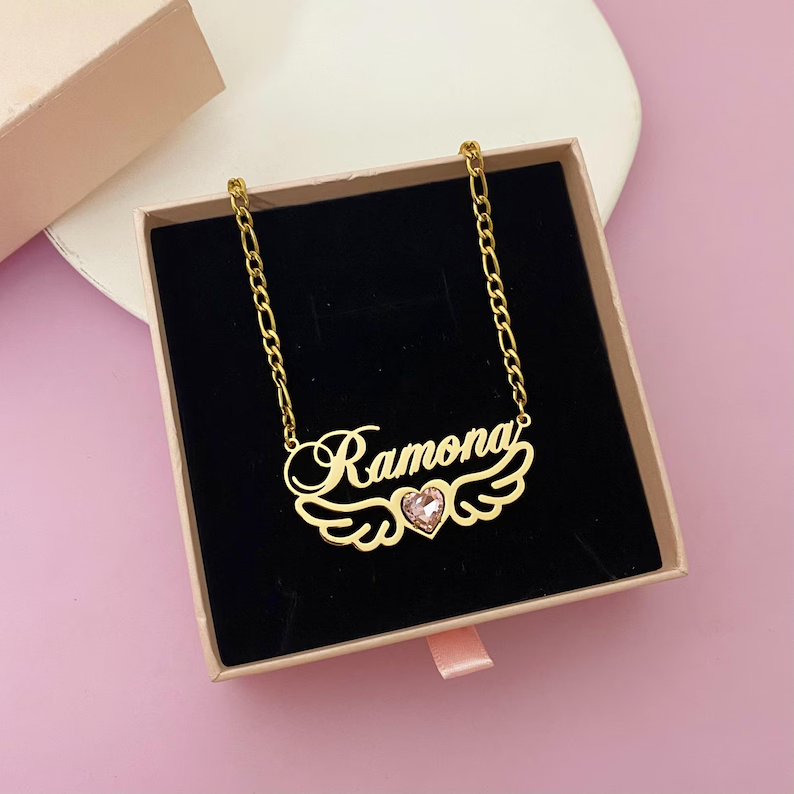 Wings Nameplate Necklace Personalized Gold Plated Name Necklace with Birthstone
