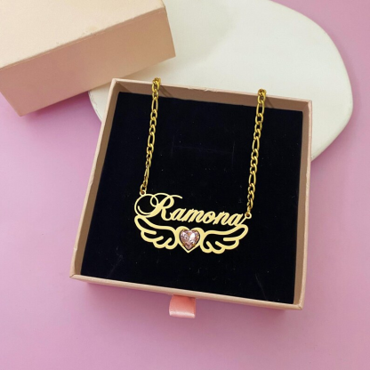 Wings Nameplate Necklace Personalized Gold Plated Name Necklace with Birthstone