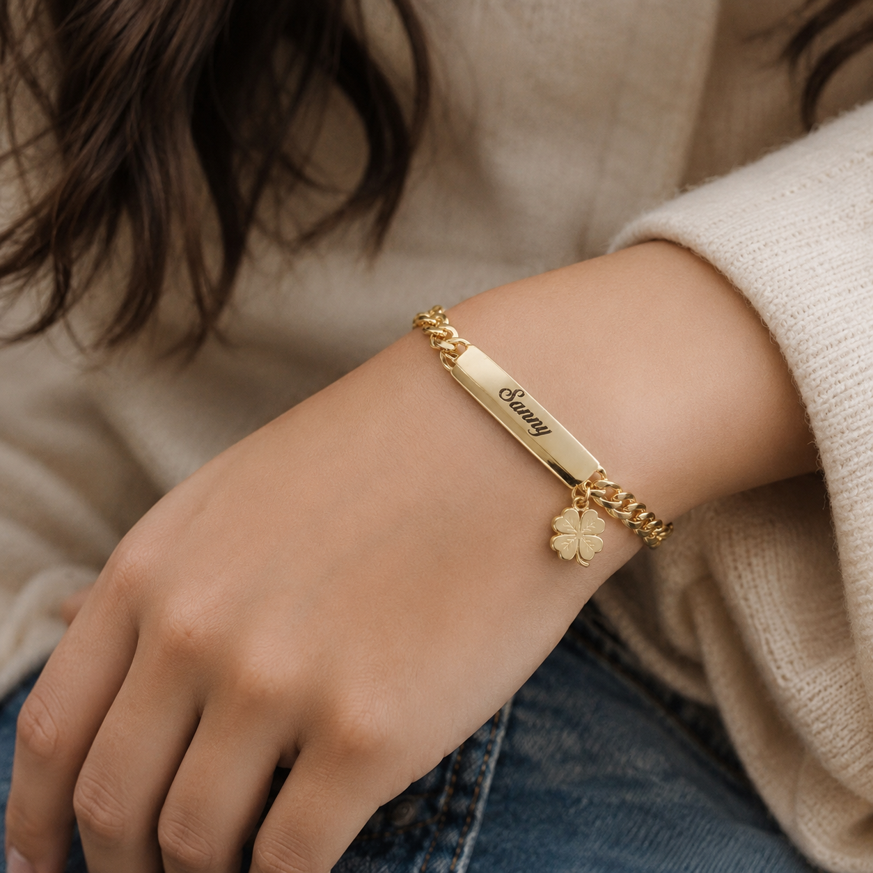 Personalized Gold Plated Name Bracelet with Four Leaf Clover Engraved Bar Bracelet