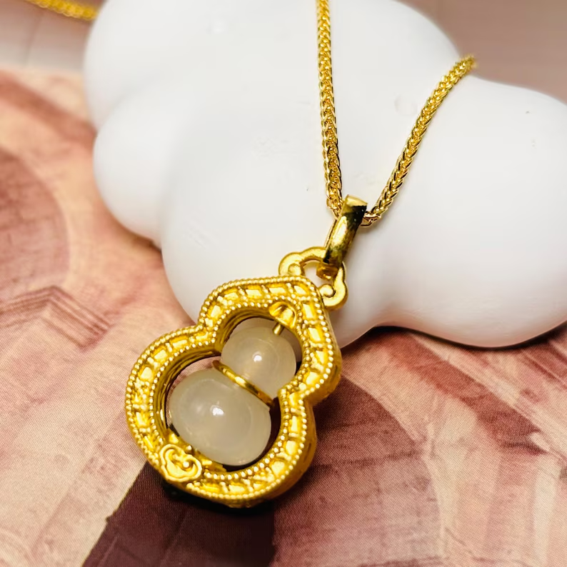 Gold Plated Gourd Pendant Vintage White Jade Pendant Necklace