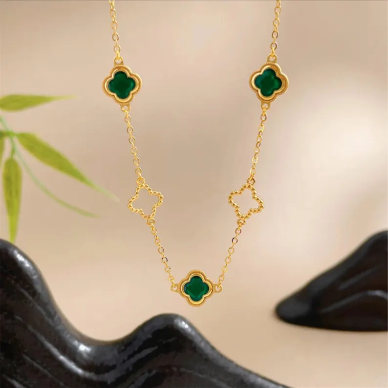 Gold Plated Four Leaves Flower Necklace Emerald Charms Necklace