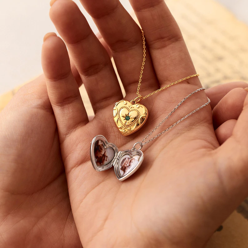 Heart Locket Birthstone Photo Pendant Necklace Personalized Photo Necklace