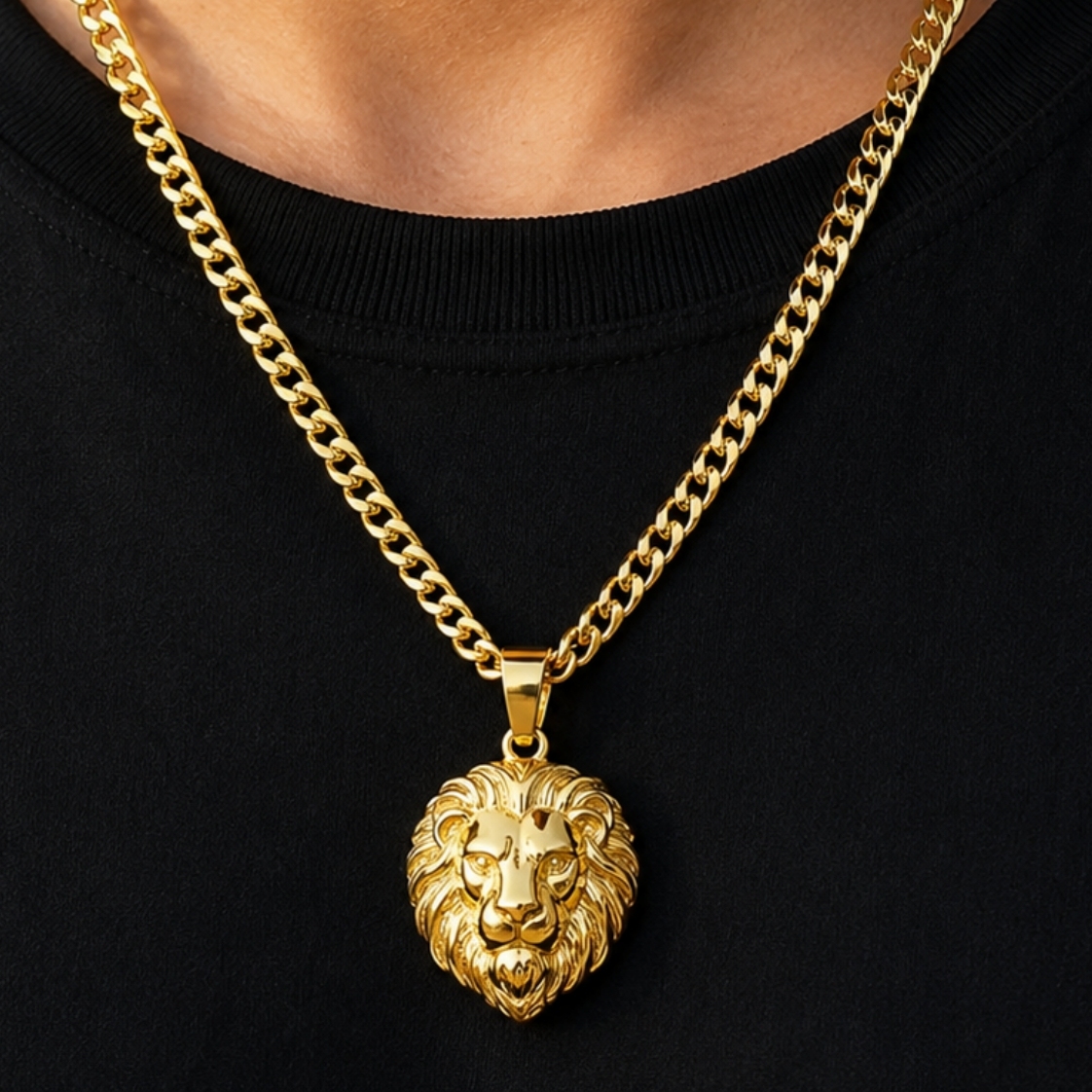14k Gold Plated Lion Pendant Necklace Cuban Link Chain For Men