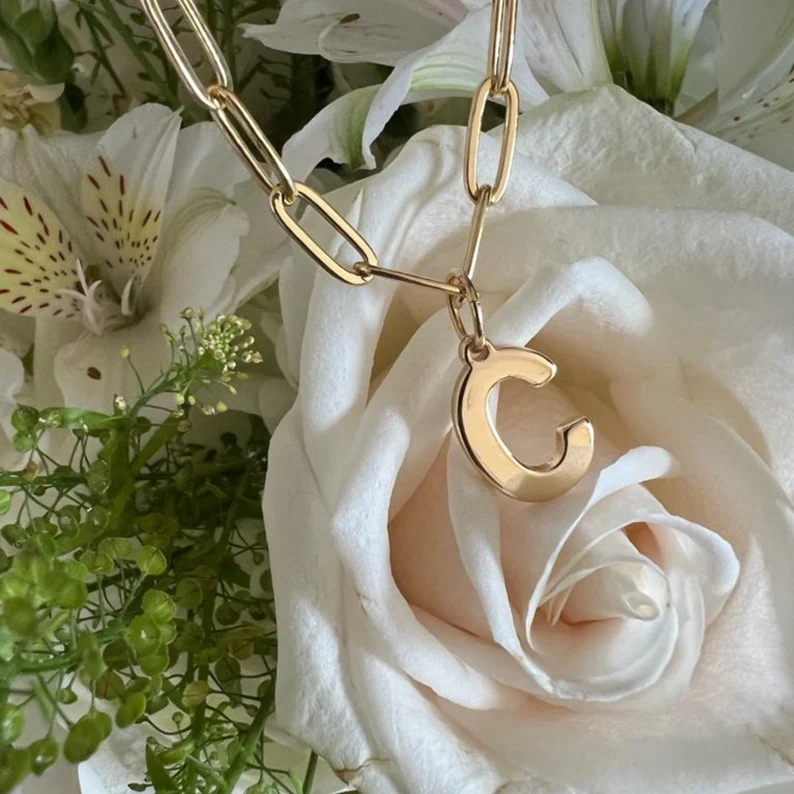 Gold Plated Personalized Initial Necklace with Paperclip Chain