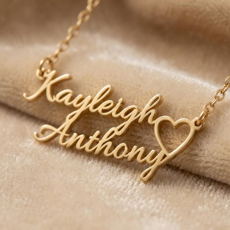 Two Name Heart Nameplate Necklace Personalized Gold Plated Name Necklace