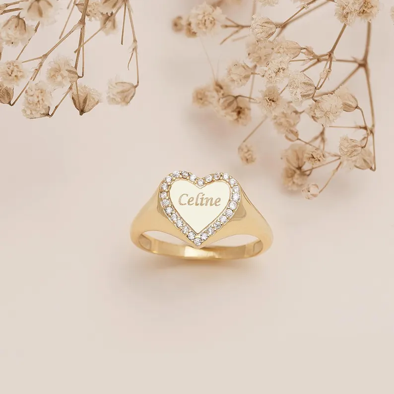 Gold Plated CZ Heart Ring Personalized Engraved Name Ring