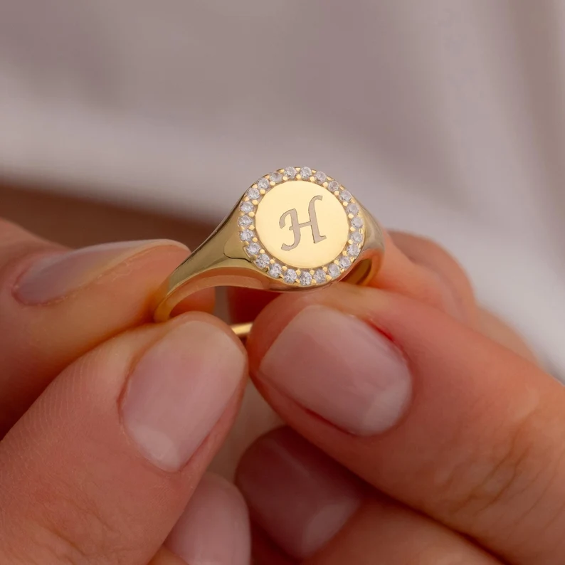 Gold Plated CZ Initial Ring Personalized Engraved Initial Ring
