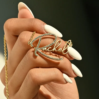 Sparkling Big Initial Letter Nameplate Necklace Personalized Gold Plated Name Necklace