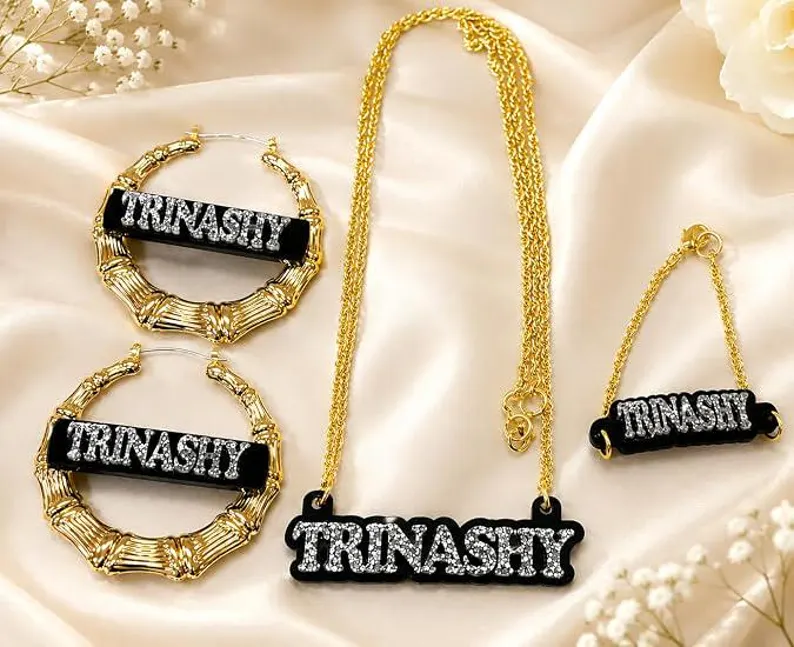 Peronalized Acrylic Black Nameplate Set Name Necklace Bracelet And Hoop Earrings