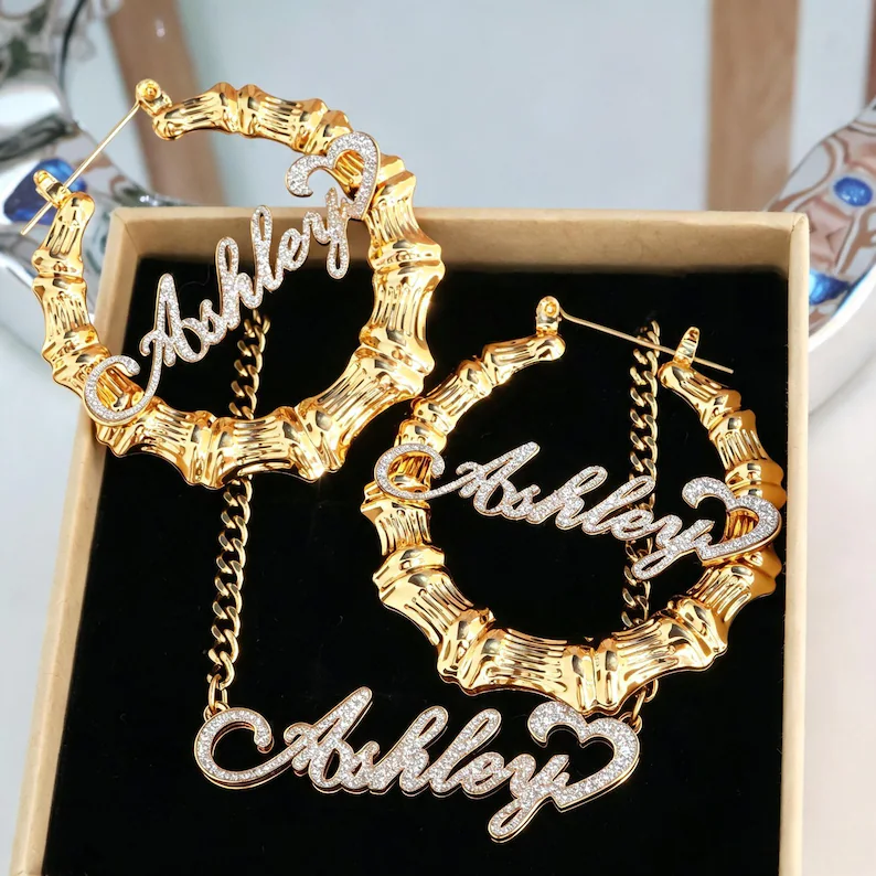 Heart Pendant Personalized Double Plated Name Necklace and Twist Hoop Name Earrings Jewelry Set-silviax