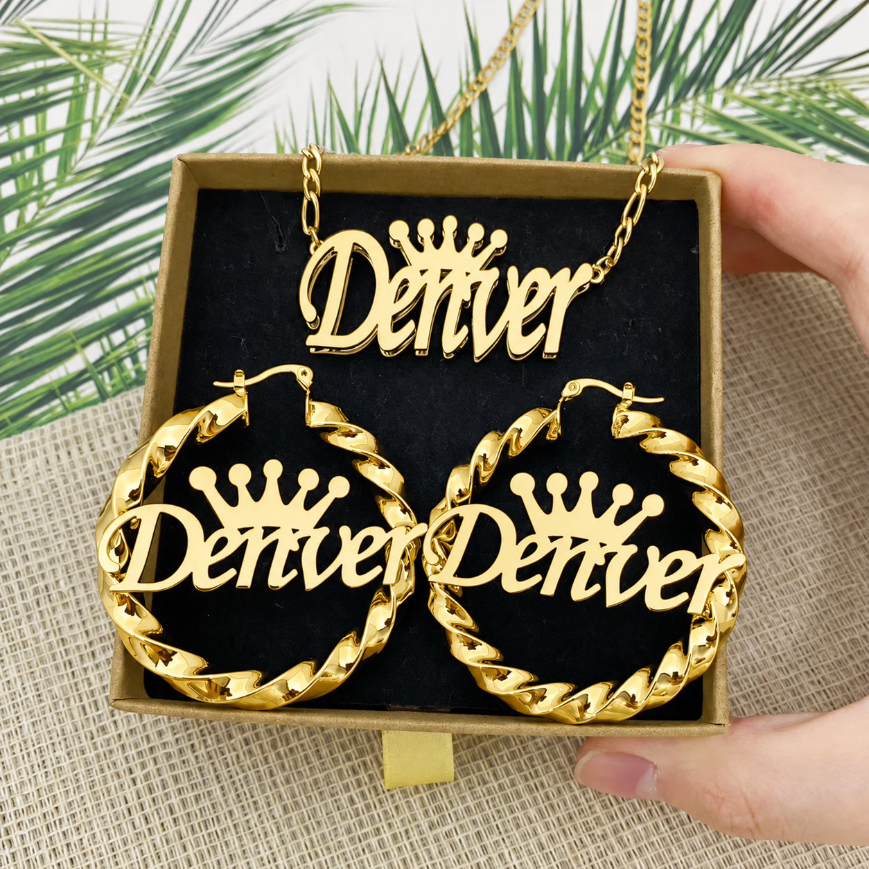 Gold Plated Crown Jewelry set Personalized Double Plated Name Necklace and Twist Hoop Name Earrings Set
