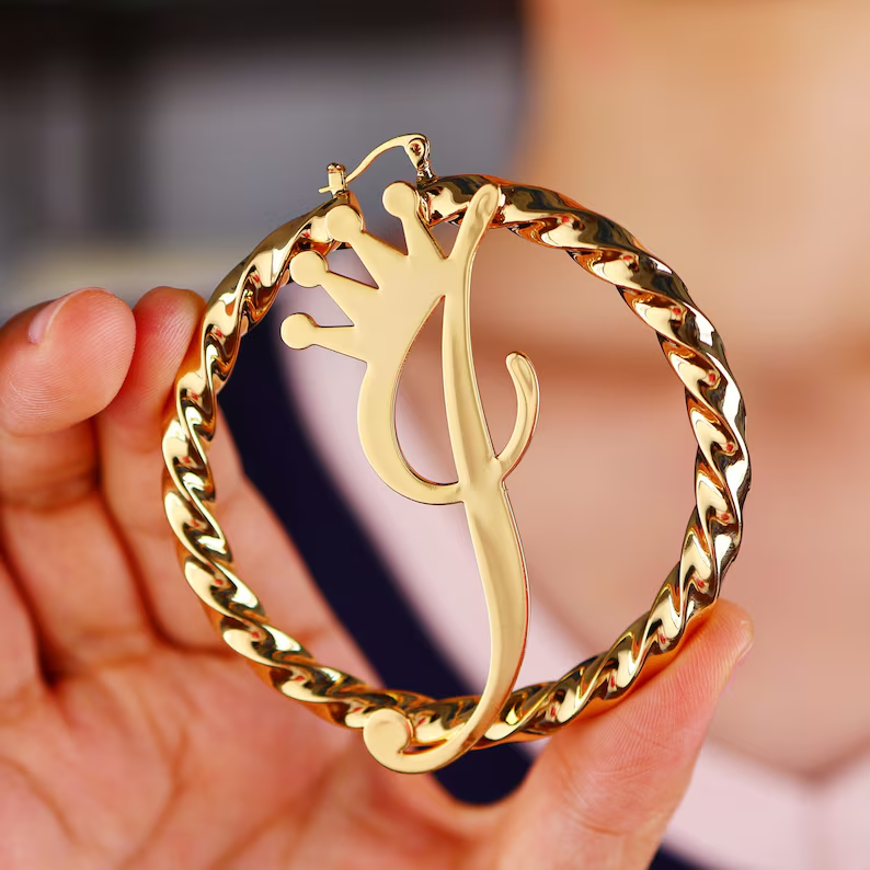 Personalized Crown Initial Earrings Gold Plated Twist Hoop Earrings 