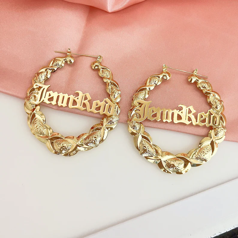 Personalized Old English Font Nameplate Earrings Gold Plated XO Bamboo Hoop Earrings