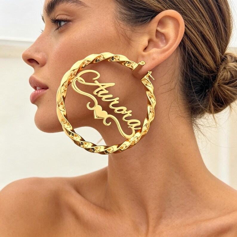 70mm Heart Nameplate Earrings Gold Plated Personalized Twist Hoop Name Earrings 