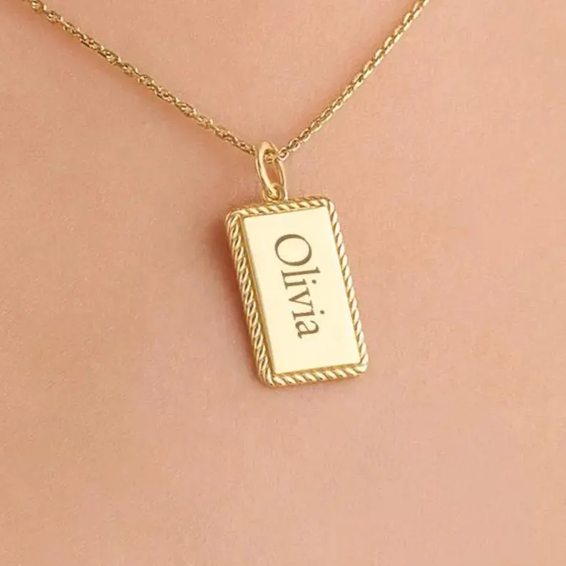 Personalized Rectangle Nameplate Pendant Necklace Gold Plated Engraved Name Necklace
