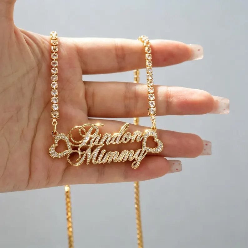 Shiny Bling Two Names Heart Nameplate Necklace Personalized Name Necklace with Tennis Chain
