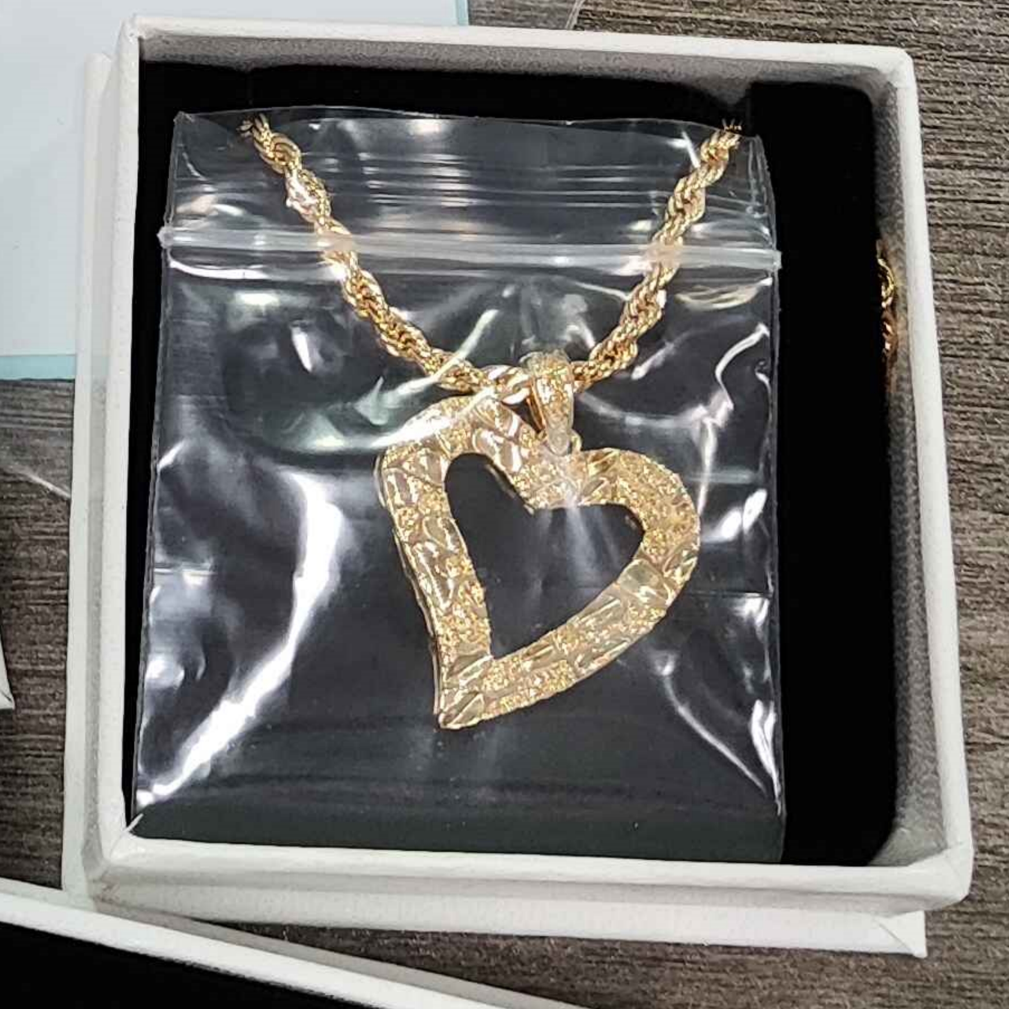 Gold Plated Nugget Necklace Diamond Cut Charm Heart Necklace