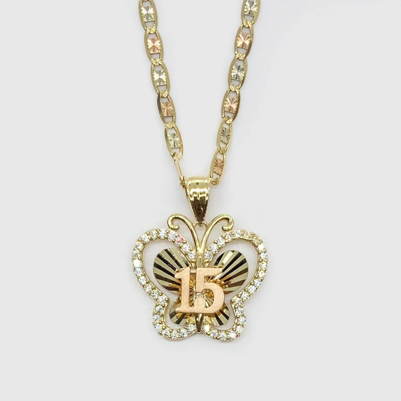 Shiny CZ Butterfly Necklace Number Necklace with Tricolor Chain