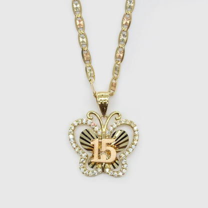 Shiny CZ Butterfly Necklace Number Necklace with Tricolor Chain