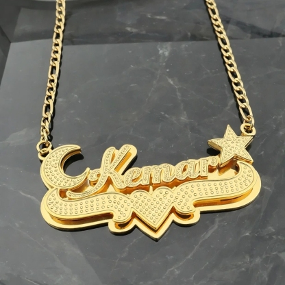 Moon & Star Custom Heart Nameplate Pendant Double Layer Name Necklace