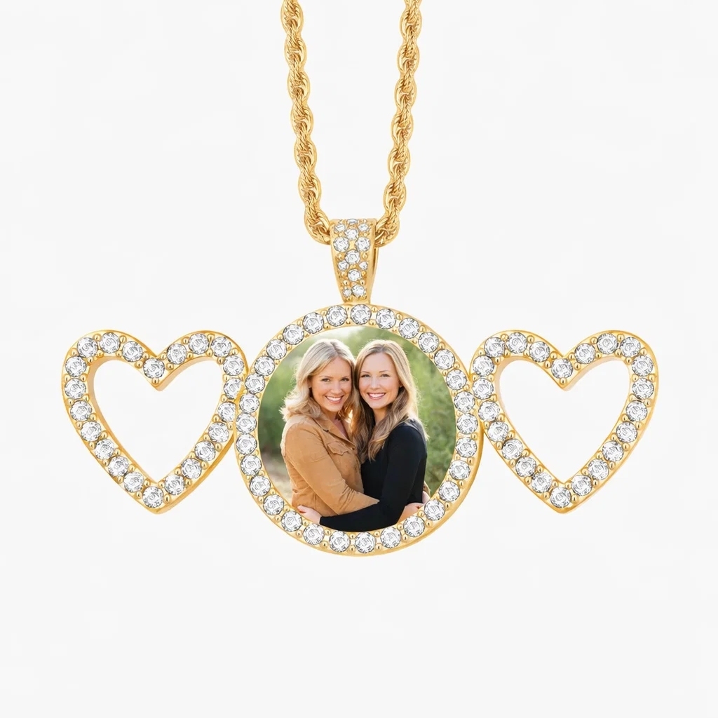 Shiny Round Photo Pendant With Two Hearts Personalized Photo Necklace