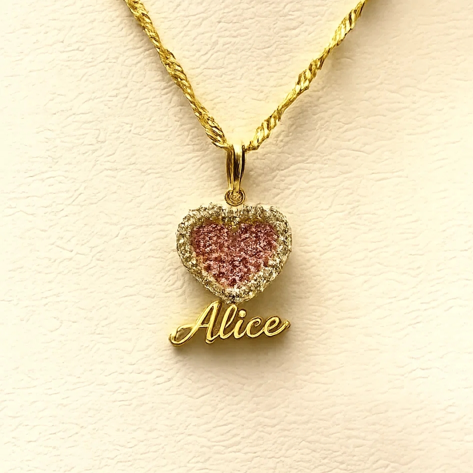 Pink Zircon Heart Nameplate Personalized Custom Name Necklace