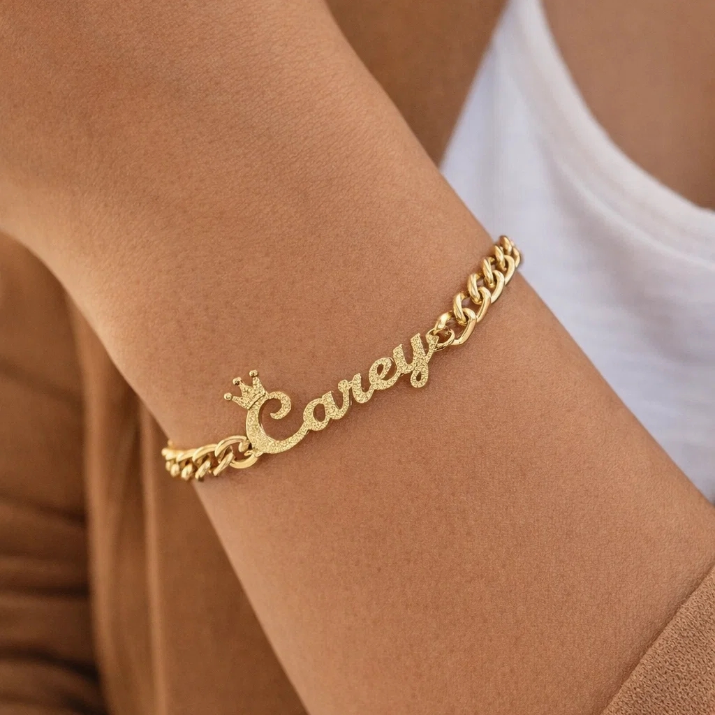 Gold Plated Bling Crown Nameplate Cuban link Personalized Name Bracelet