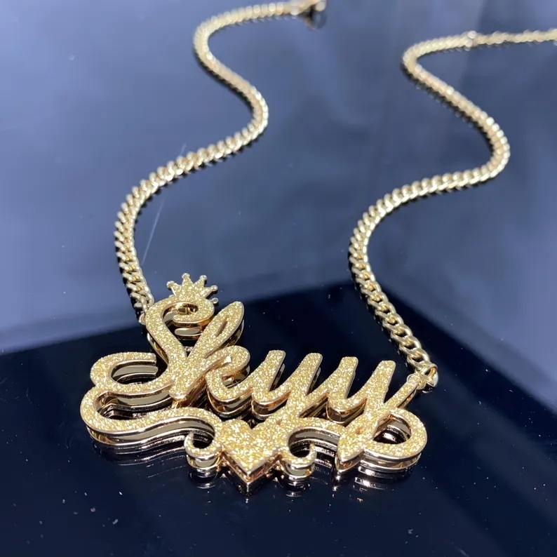 Custom Shiny Bling Nameplate Crown Name Necklace with Heart