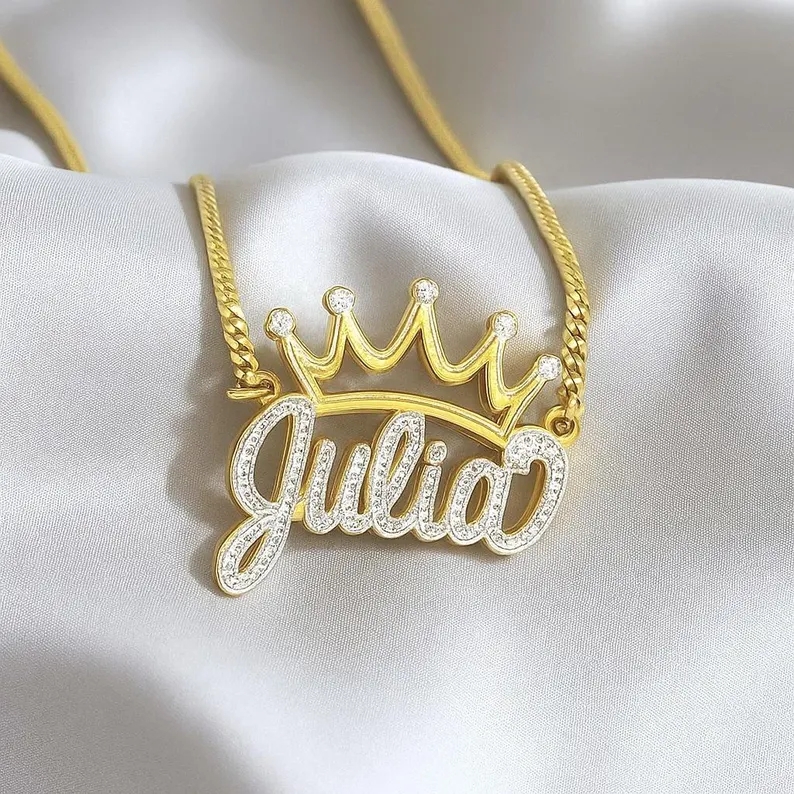 Shiny Crown Nameplate Pendant Two Tone Double Layer Custom Name Necklace