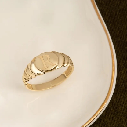 Gold Plated Ribbed Initial Ring Personalized Engraved Initial Ring