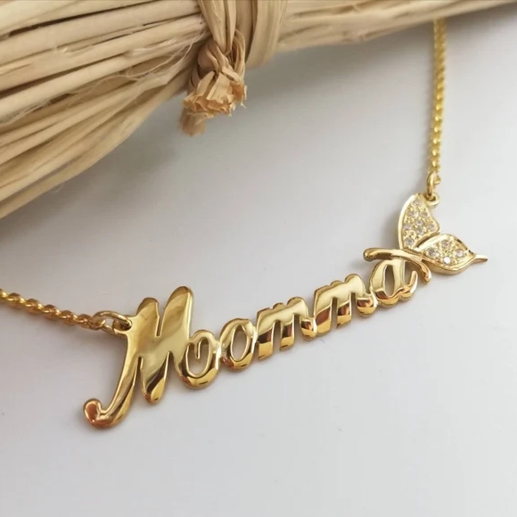 Butterfly Nameplate Custom Gold Plated Name Necklace