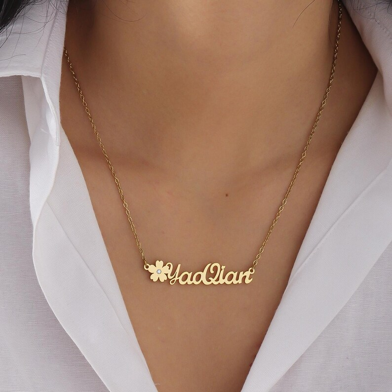 Gold Plated Custom Flower Name Necklace with Birthstone