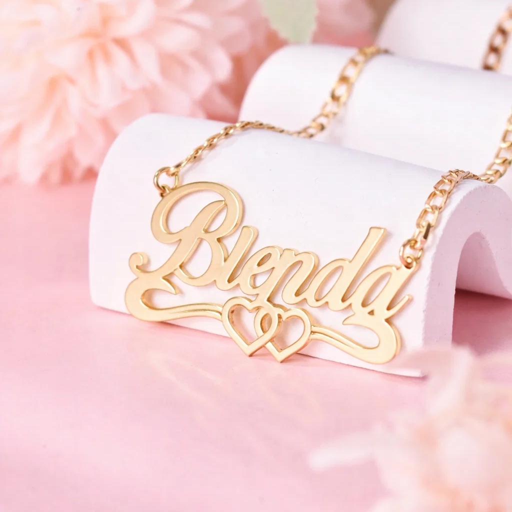Gold Plated Personalized Double Hearts Nameplate Necklace
