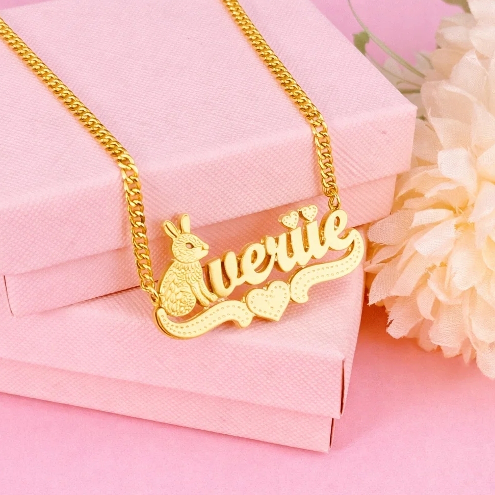 Double Layer Rabbit Name Necklace Personalized Nameplate Necklace