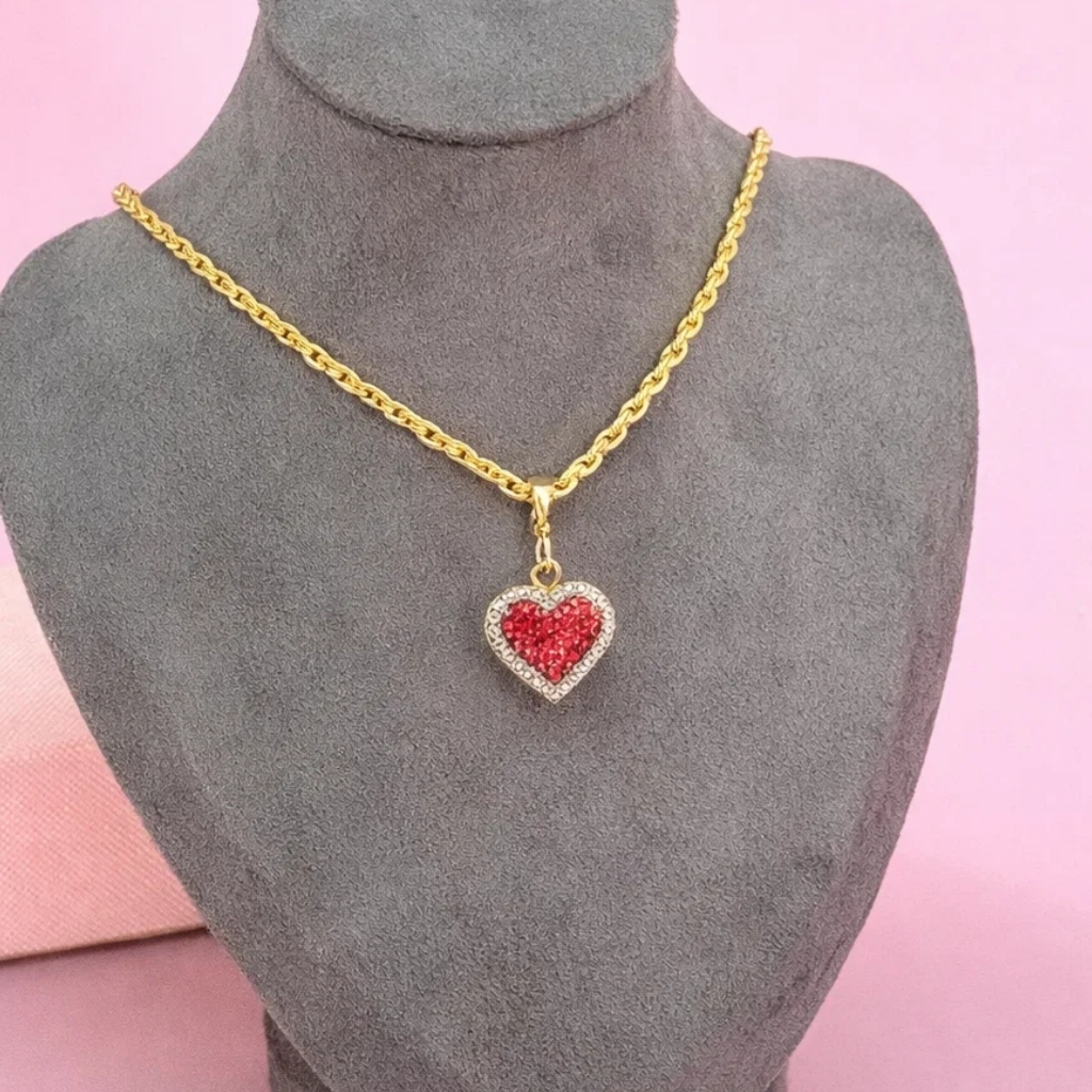 Red Diamond Heart Pendant Necklace with Rope Chain