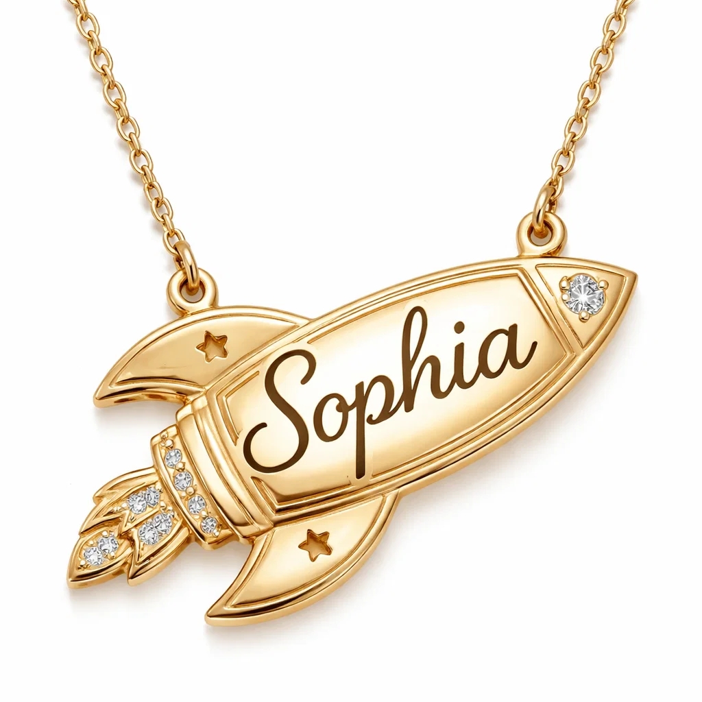 Gold Plated Rocket Nameplate Necklace Personalized Name Necklace