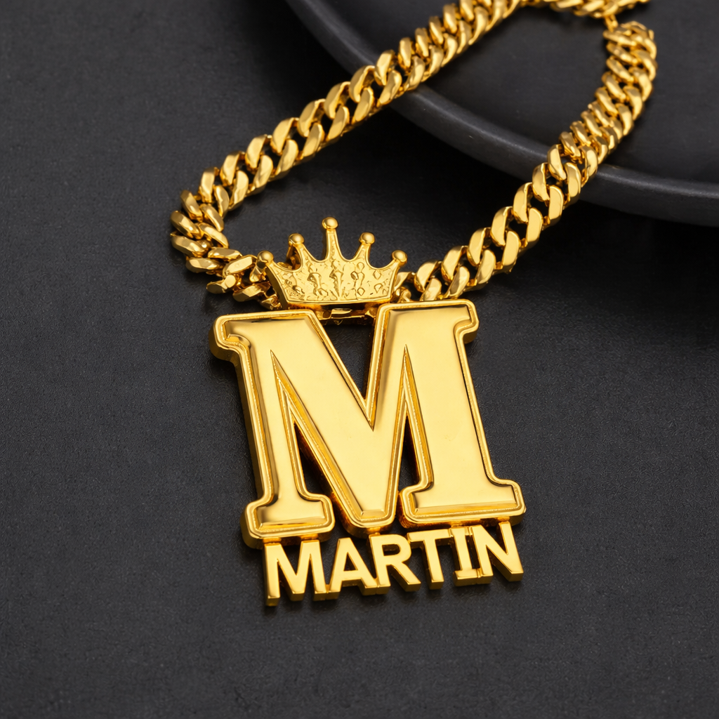 Big Initial Mini Nameplate Pendant Gold Plated Custom Crown Name Necklace