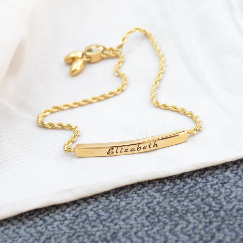 Personalised Name Bar Bracelet with Adjustable Rope Chain