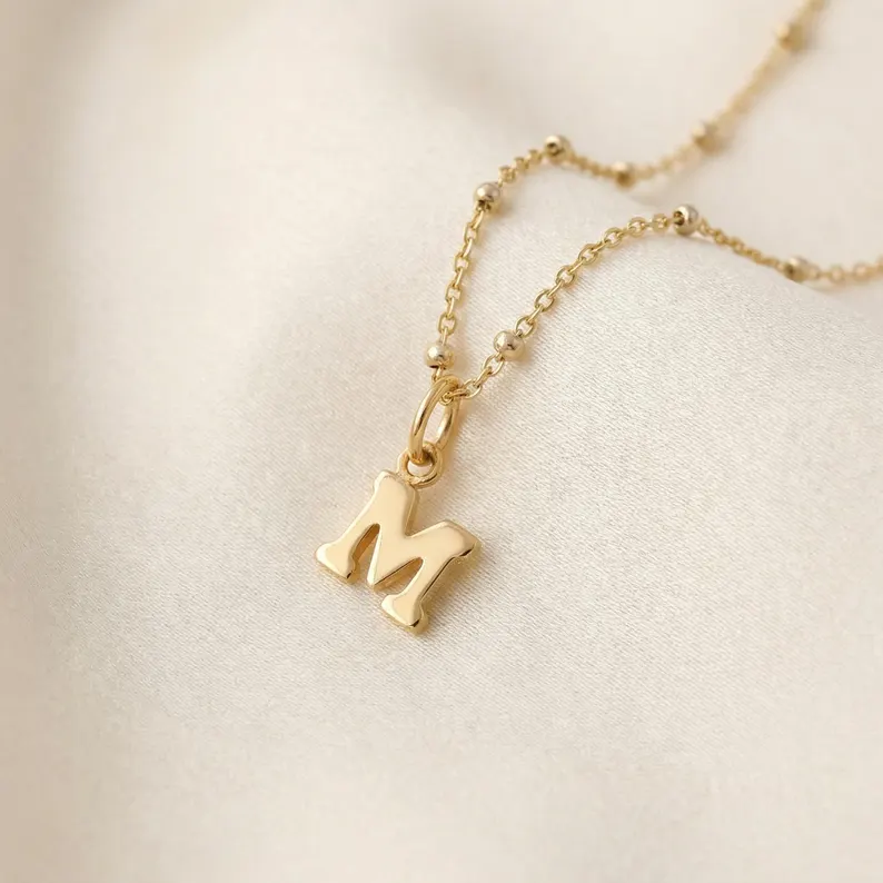 Gold Plated Personalized Initial Necklace with Bead Chain