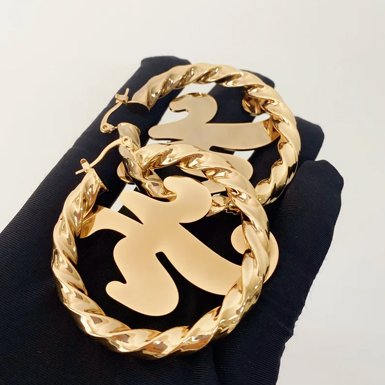 Gold Plated Initial Letter Earrings Personalized Twist Hoop Earrings