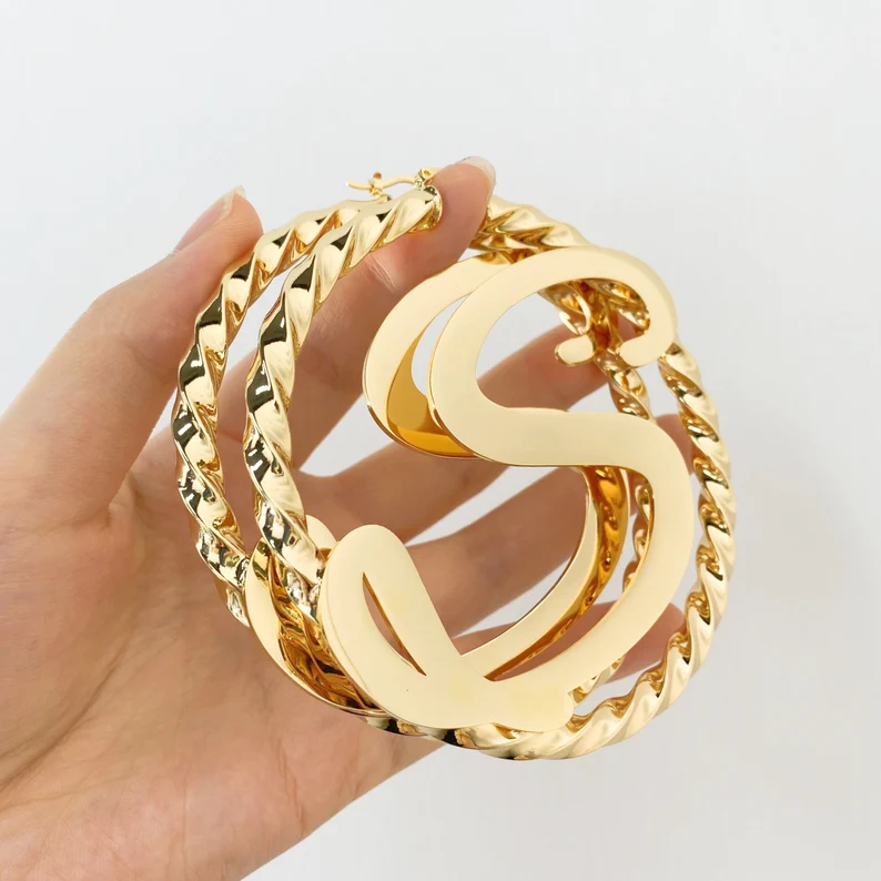 Gold Plated Big Initial Twist Hoop Earrings Personalized Earrings