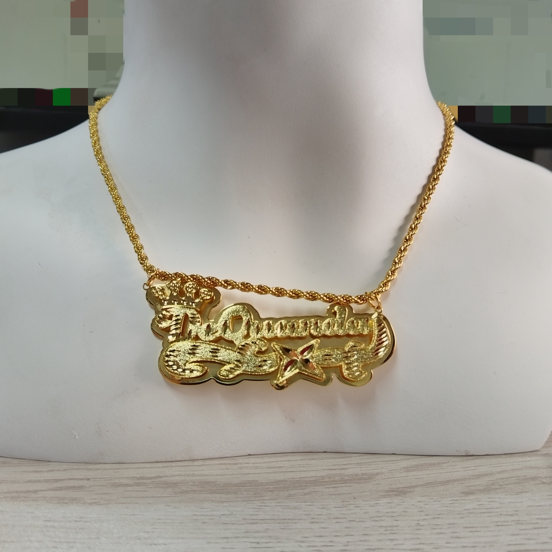 Gold Plated Crown Diamond Cut Doule Layer Custom Name Necklace