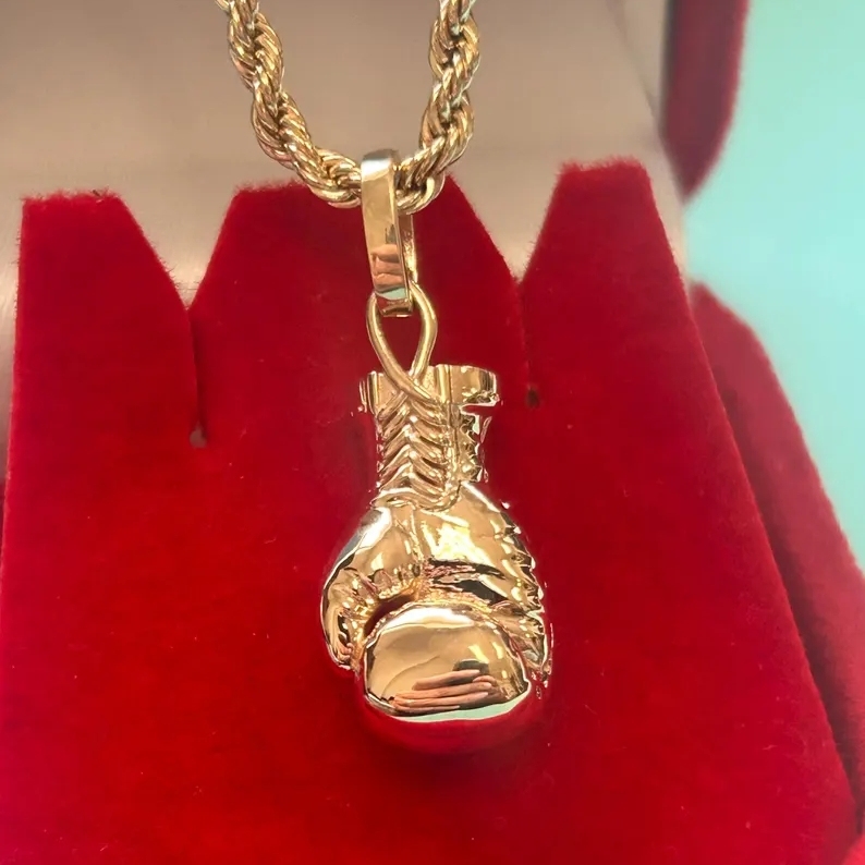 Gold Plated Boxing Glove Pendant Necklace with Rope Chain Sports Jewelry
