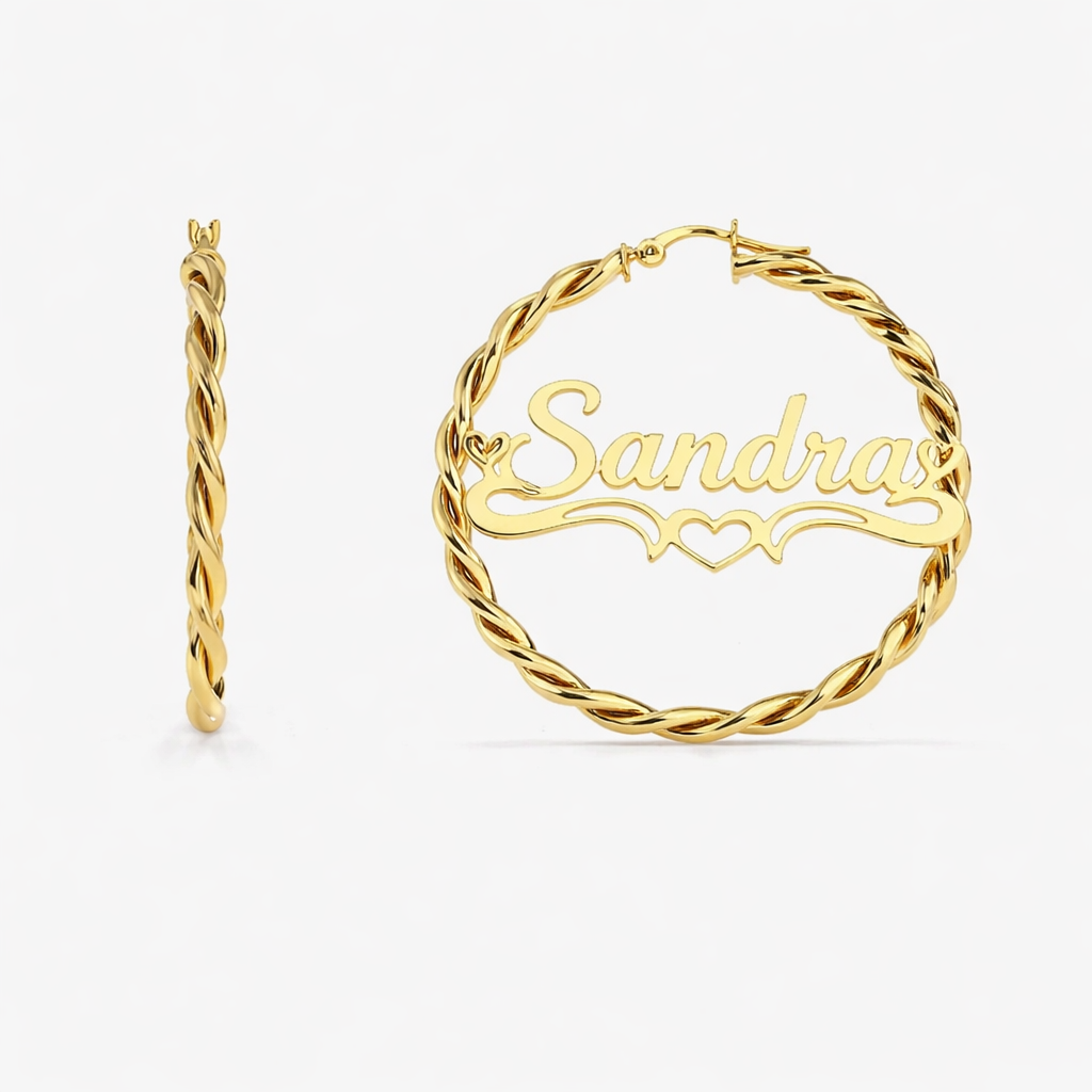 Gold Plated Name Earrings with Heart Personalized Custom Twist Hoop Earrings
